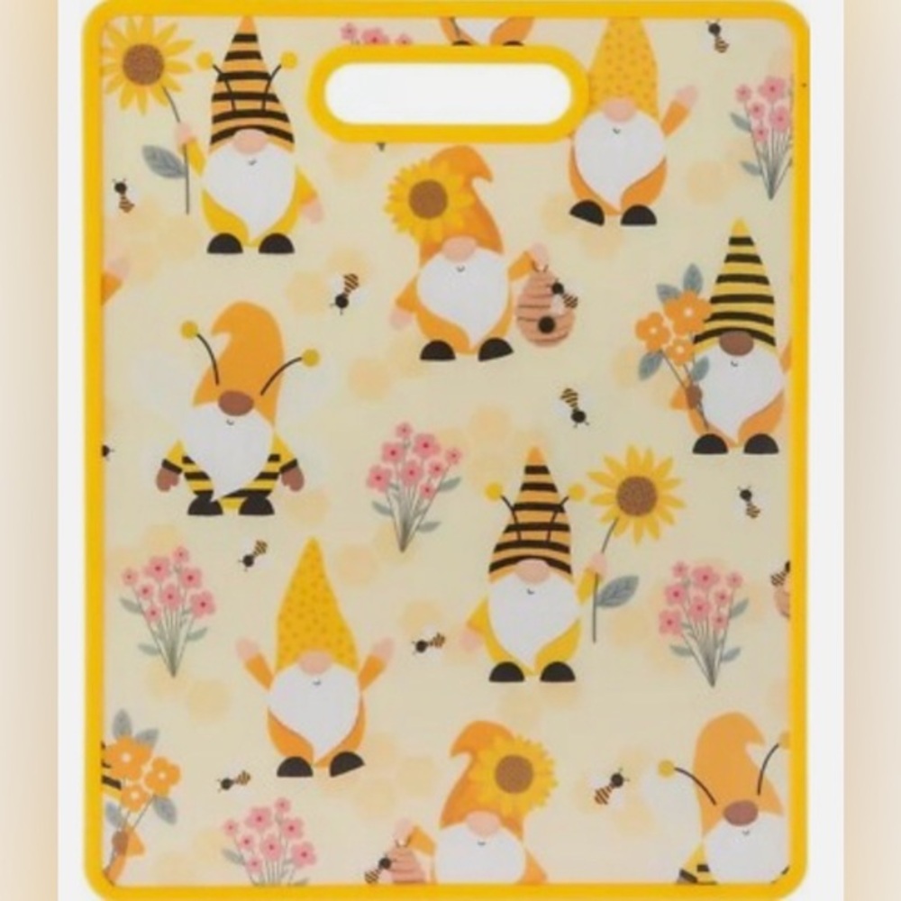 New Market Square Gnomes, bees, flowers cutting board with handle